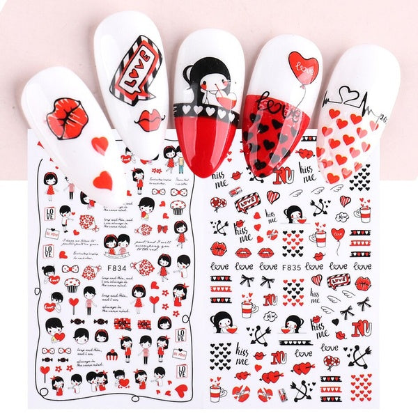 3D Cute Valentines Day Nail Stickers Decals Heart Lover Cartoon Manicure Design Nail Art Decorations Sliders Accessory GLF835