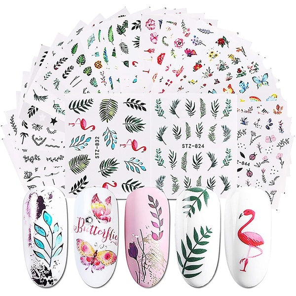 Nail Stickers Decals for Nail Art - Flamingo Decor Butterfly Leaf Flower Designer Water Transfer Nail Stickers for Gel Polish Acrylic Nails Designs D