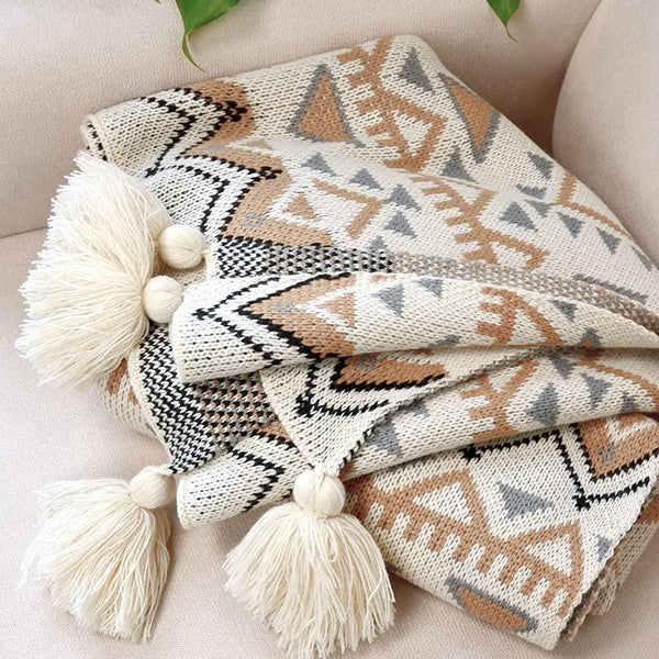 Knitted Throw Blanket for Couch with Tassels, 50'' x 60'' Boho Style Throw for Home Decor, Small Cozy and Soft Blanket for Sofa or Outdoor, Farmhouse