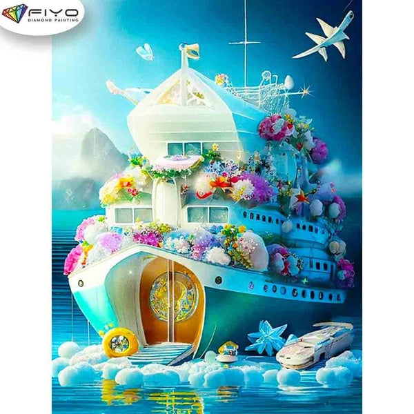 FIYO Cartoon Boat Diamond Painting Kits For Adults DIY 5D Diamond Mosaic Diamond Painting Home and Kitchen Fashion Canvas Pictures Wall Decoration Gi