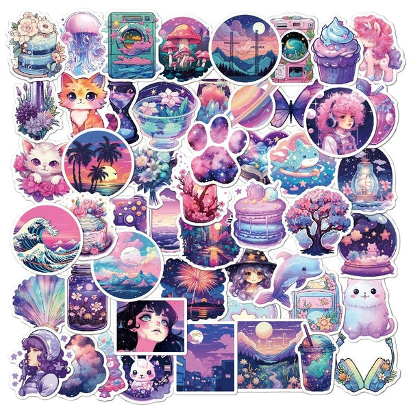 10-50pcs Fantasy Purple Waterproof Stickers cat landscaping sea wave Graffiti Stickers for DIY Luggage Laptop Skateboard Motorcycle Bicycle Stickers