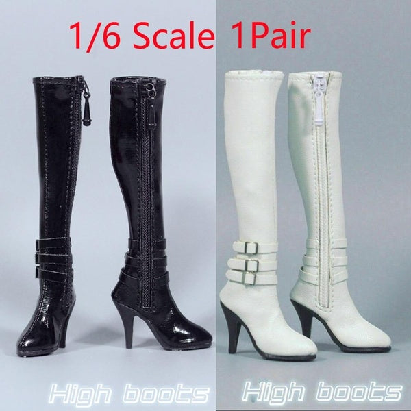1Pair 1-6 Scale White-Black Zipper High-heeled Long Boots for 12" Soldier Action Figure Body Dolls Toys