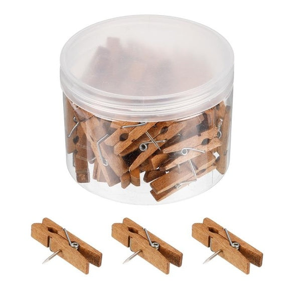 30-50Pcs Wooden Push Pins With Clips Wood Clips Push Pins For Office Organization, Notice Board, Artwork, Home Decor, Craft Supplies