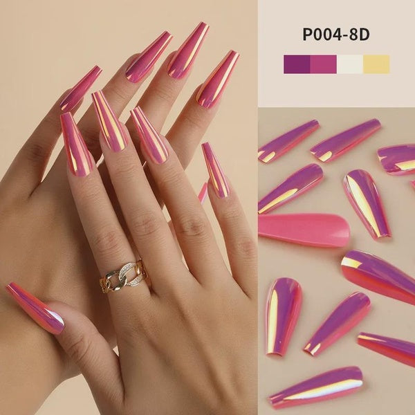 24PCS Mirror Effect Long Fluorescent Pink Coffin Press On Fake Nails With Adhesive Full Cover Artificial False Nail Art Tips