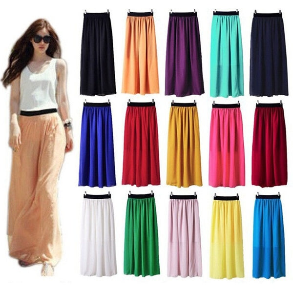 Summer Fashion Women Double Layer Candy Chiffon Pleated Long Maxi Elastic Skirt