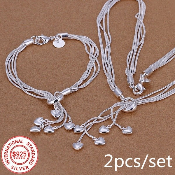 Fashion Jewelry Set 925 Silver Snake Chain Bracelets,Necklaces & Pendants Five Heart Lines Charms Necklace For Girlfriend Exquisite Gifts