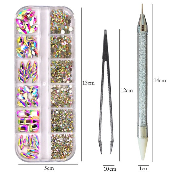 12Girds Box Multi Size Colourful Rhinestones Set with Tools Flatback Crystal Diamonds Gems 3D Glitter Nail Art Decorations