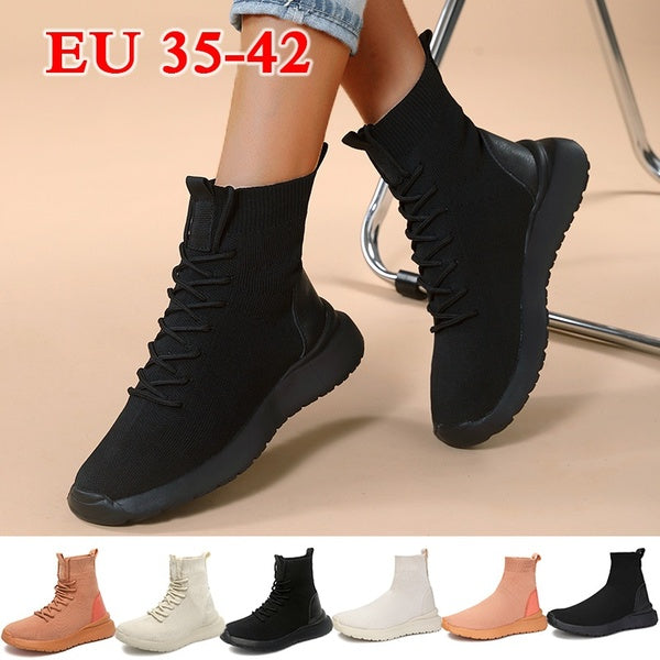 Femmes couleur unie chaussette chaussures Ultra léger tricot baskets mode respirant chaussures plates confortables bottes courtes pour femme grande t