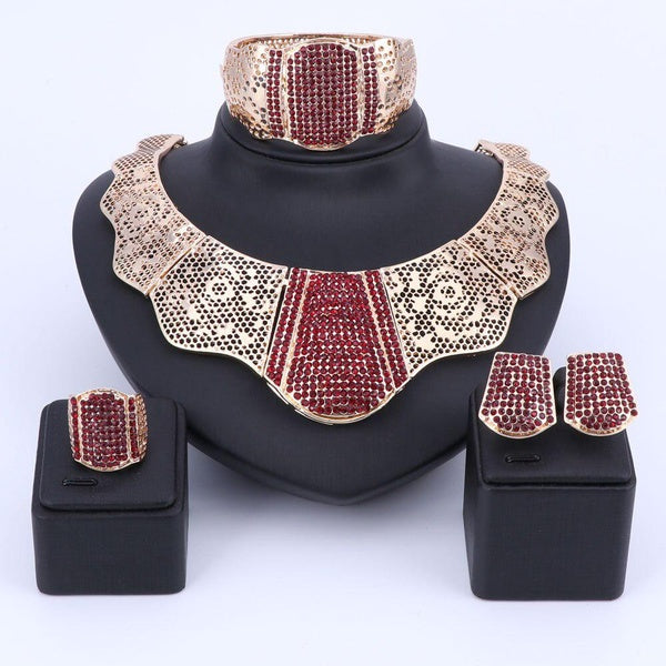 Fashion Dubai Gold Color Crystal Choker Statement Necklaces Earring Bangle Ring Wedding Gifts Party Jewelry Sets