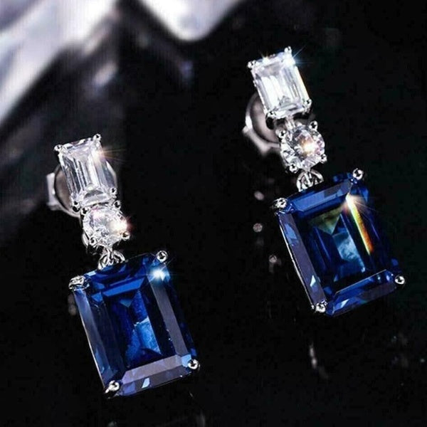 Boucles d'oreilles en pierres précieuses pour femmes, boucles d'oreilles pendantes en saphir bleu pour mariage, bijoux