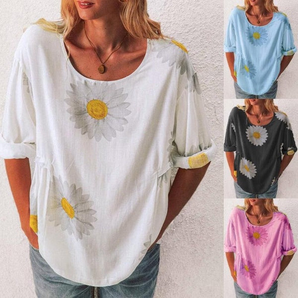 Women's Sunflower Printed Blouses Ladies Round Neck Long Sleeve T-shirts Female Loose Shirts Tops