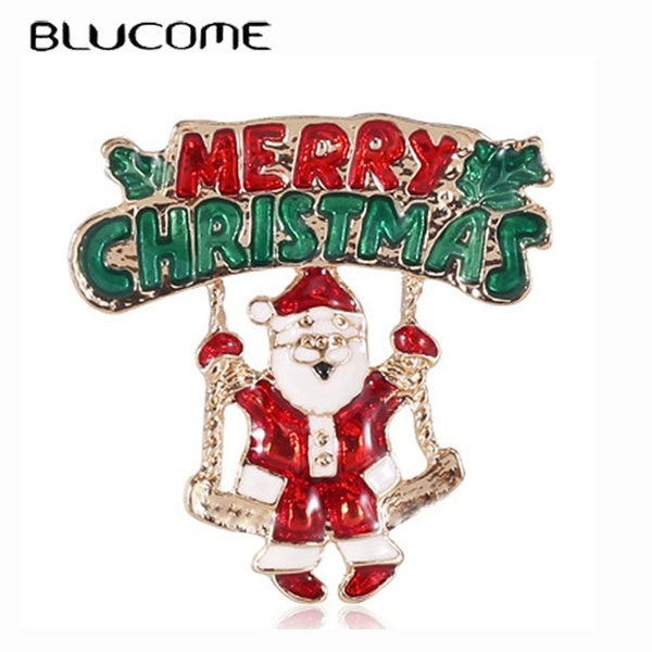 Blucome New Design Red Santa Claus Sit on The Swing Brooch for Women Kids Clothes Hat Hijab Pin Christmas Gifts