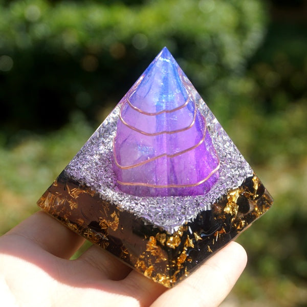 Purple Blue Crystal In Copper circle Energy Healing Orgonite Pyramid Aluminum Shavings Obsidian And Gold foil Orgone 6CM