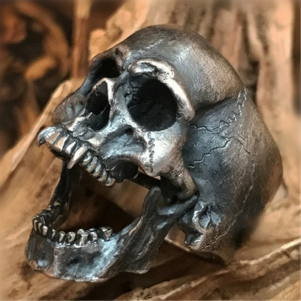 Men's Vintage 316L Stainless Steel Vampire Skull Open Jaw Silver Ring Men's Skull Cycling Rock Gothic Punk Jewellery Ring