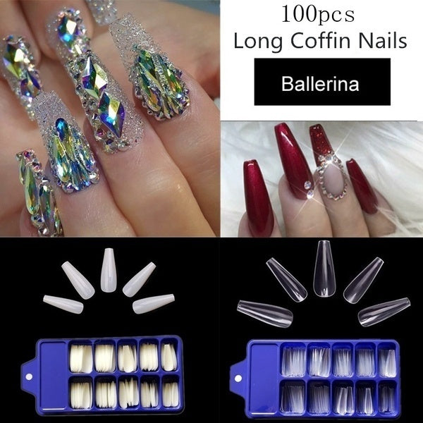 100Pcs-box Fake Nails Tips Artificial Long Ballerina Natura All Cover Coffin False Nails Art Accessary