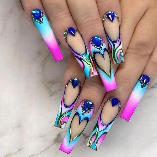 3D Fake Nails Accessories Rainbow Gradual Heart with Diamond Designs Long French Coffin Tips Faux Ongles Press on False Nail