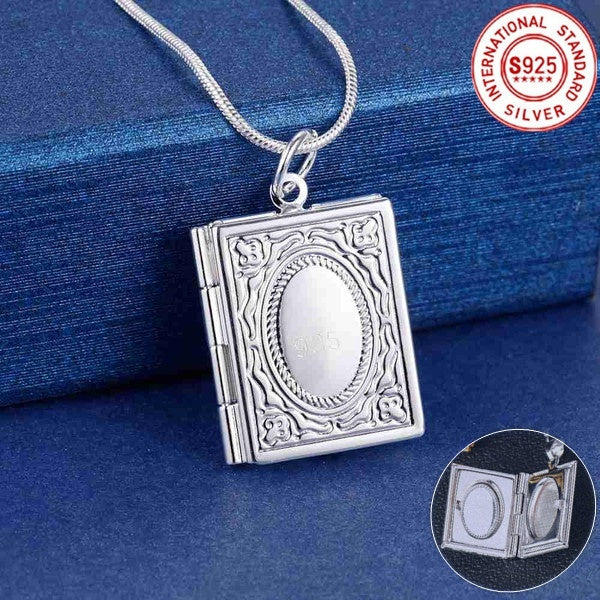 925 Sterling Silver Square Pattern Shaped Photo Frame Locket Pendant Snake Chain Necklace 16-18-20-22-24-26-28-30-Inches for Fashion Men Women Charm