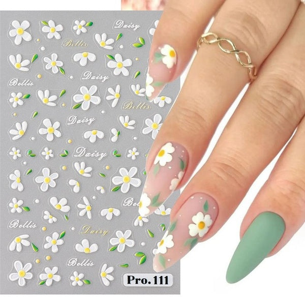 5D Nail Art Decals Summer Daisy White Florals Petals Flowers Leaves Ladybug Bee Nail Stickers Manicure Decoration For Nail Tips