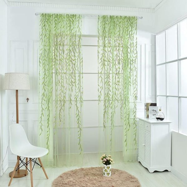 1 PC Willow Curtains Cute Green Sheers Leaf Curtain Tulle Vine Window Curtains Nursery Green Sheers Ivy Pretty Curtain for Kids Living Room Bedroom W