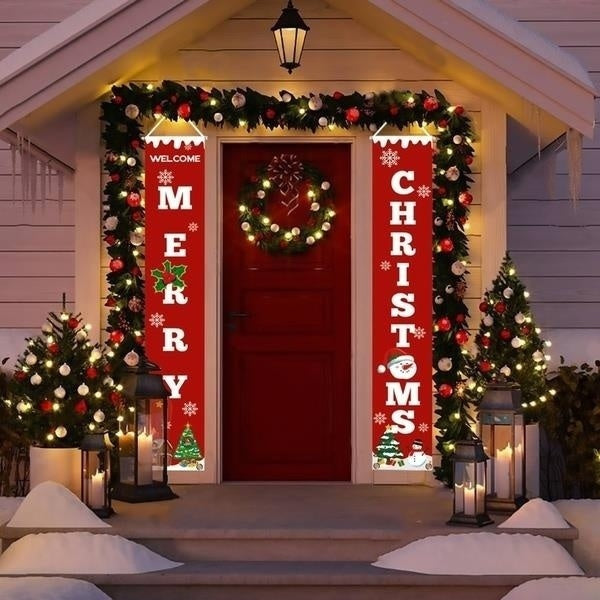 3 Pcs-set Merry Christmas Banner Door Curtain Xmas Tree Welcome Home Couplet Hanging Decoration(2pc 59in Rectangle and 1pc 10in Square )with 3 Hooks