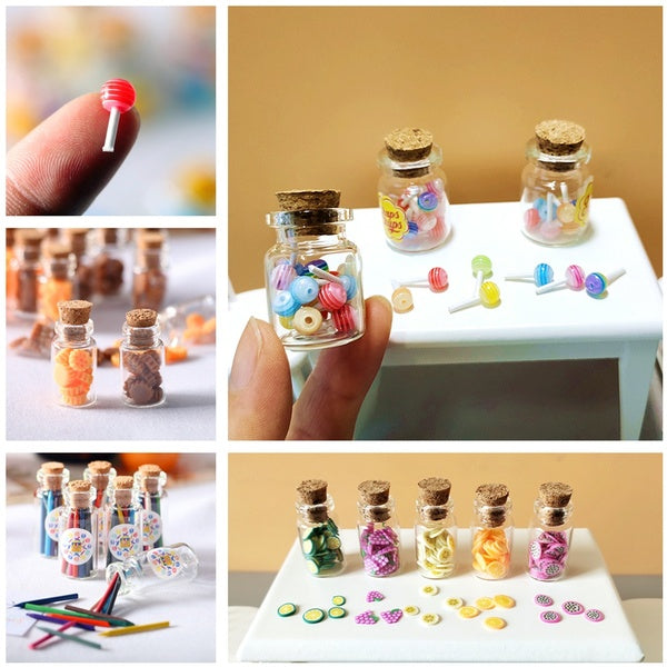 1:12 Dollhouse Accessories Mini Lollipops-Fruit Slices-Candy-Biscuit in Glass Bottles Miniatures Collection Kids Toy