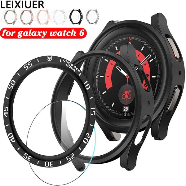 LEIXIUER Metal Bezel Ring +Film +PC Case for Samsung Galaxy Watch 6 Classic 47mm 43mm 5 Pro 45mm Tempered Glass Screen Protector Bumper Cover Accesso