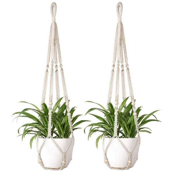 1pc Macrame Plant Hanger Indoor Hanging Planter Basket with Wood Beads Decorative Flower Pot Holder No Tassels for Indoor Outdoor Boho Home Decor 35