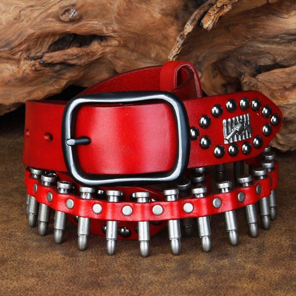 Punk Bullet Rivet Belt Men's Top Grain Genuine Leather Belt Pin Buckle Belt For Jeans Female
