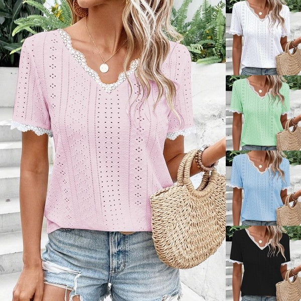 Women's Fashion Casual V Neck Short Sleeve T-shirt Female Loose Blouses Tops Summer Hollow Breathble T-shirts