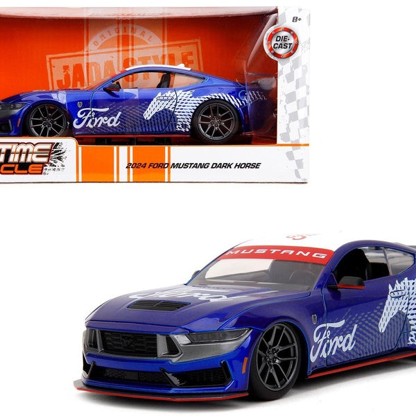 2024 Ford Mustang Dark Horse Candy Blue with White Top and "Mustang Horse Graphics" "Bigtime Muscle" Series 1-24 Diecast Model Car by Jada