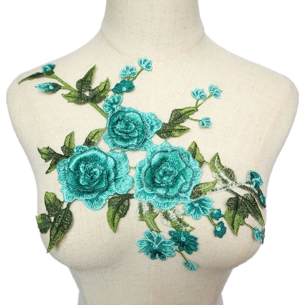 Embroidery Aquamarine Flower Lace Applique Sew Collar Patch Wedding Party Dress Bridal DIY Cheongsam Fabric Crafts