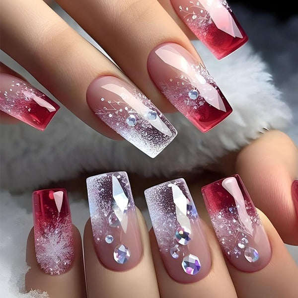 24Pcs Fashion Gradient Red Press on Fake Nails Mid-length Square Head False Nails Snowflake Design Wearable Full Nail Art Tips