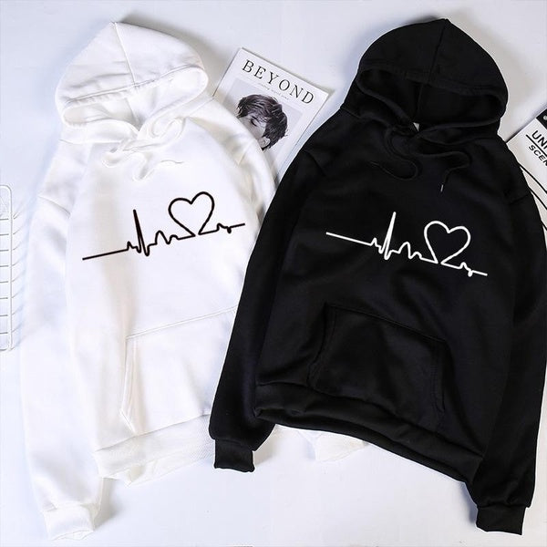 Newest Autumn-Winter Heartbeat Print Loose Hoodie for Women Long Sleeve Sports Pullover Hooded Sweatshirt Tops