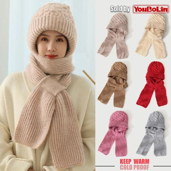 Winter Womens Warm Double Layer Padded Thickened Hat Scarf One Knitted Hat Wool Knitting Net Red Explosion Models Wind and Snow Beanies Hats