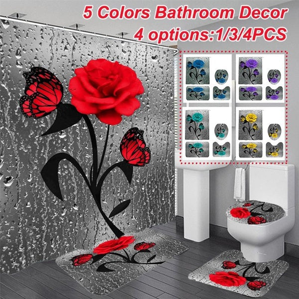5Colors 3D Rose Flowers Butterfly Bathroom Decor Waterproof Shower Curtain + Lid Toilet Mats + Non-Slip U Shape Mat + Anti-Slip Carpet Bathroom Set 1