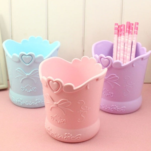 1 Pcs Creative Cartoon Bow Pen Holder Candy Color Kawaii Pink Pencil Organizer Box Stand Container Office School Supplies