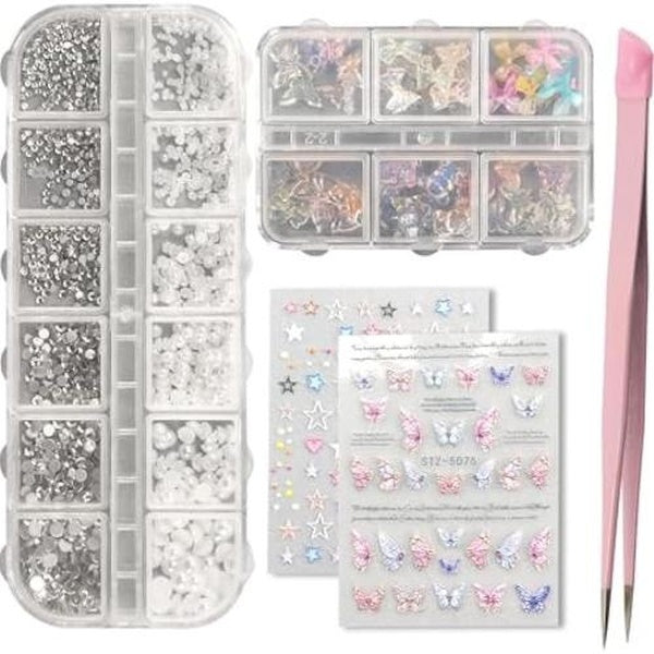 EKIND Nail Art Kit, Nail Art Rhinestone, 2 Sheets Nail Art Stickers Embossed Stereo 5D, Acrylic Butterfly Bear Bow Nail Jewelry, Double Ended Nail Ar