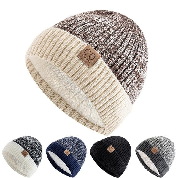 Two-Tone Winter Hats Add Fur Lined Men and Women Fashion Warm Beanie Cap Casual Winter Knitting Hat