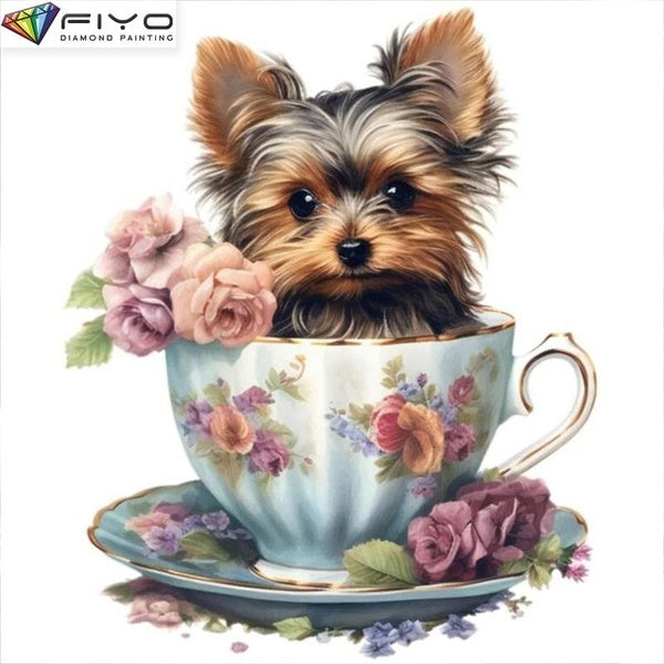 FIYO Dog and Teacup DIY 5D Diamond Painting Full Drill with Number Kits Home and Kitchen Fashion Mosaic Diamond Painting Canvas Wall Decoration Gift