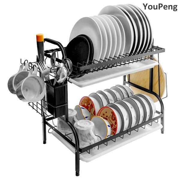 YouPeng Dish Drying Rack, Dish Rack 2 Tier Large Dish Drying Rack with Utensil Holder, Cutting Board Holder and Dish Drainer for Kitchen Counter Stor