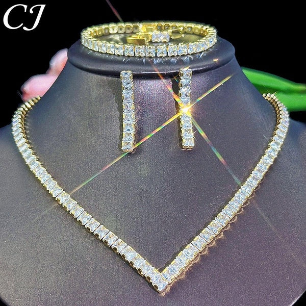 CANDICE Éblouissante AAAAA Zircone Cubique Pierres Pavées Plaqué Or Jaune Boucles D'oreilles Pendantes Collier Bracelet Ensembles Femme Ensemble De B
