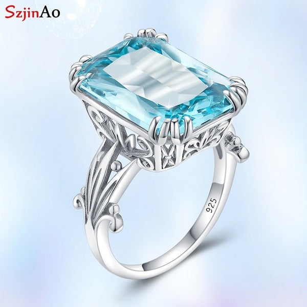 Szjinao Real 925 Sterling Silver Rings for Women 925 Aquamarine Sky Blue Topaz Gemstone Ring Fine Wedding Jewellery Gift