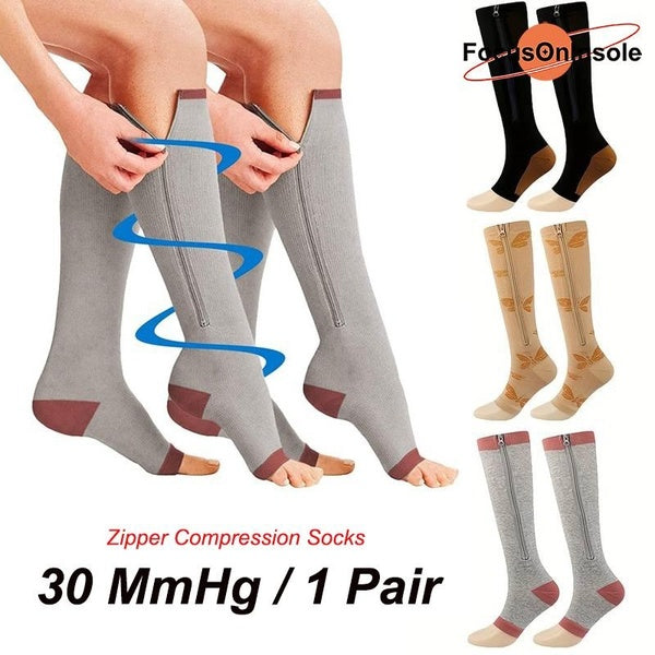 FocusOnInsole 1 Pair Compression Knee High Socks with Side Zipper: Improve Circulation, Endurance & Prevent Varicose Veins for Men & Women