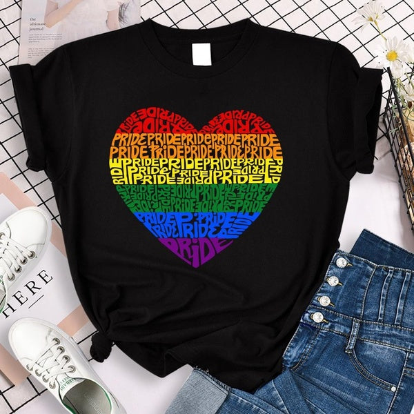 Lgbt Pride Heart Imprimé T-shirts Femmes Été Casual T-shirts À Manches Courtes Col Rond Tops