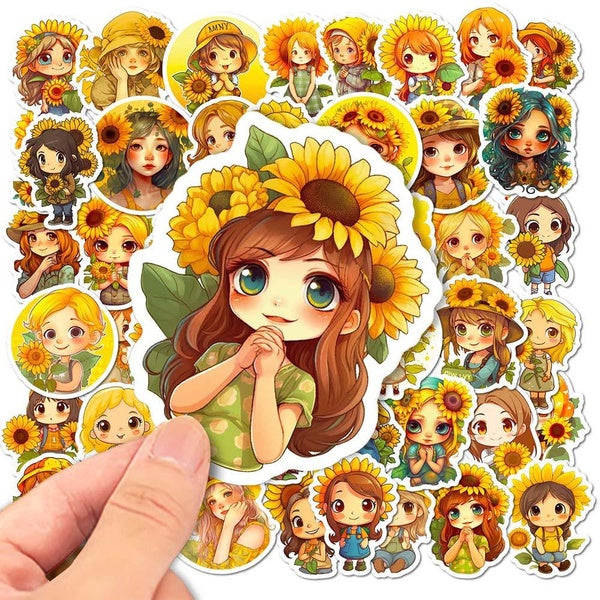 10-25-50pcs Cute Sunflower Girl Boy Stickers graffiti Stickers for DIY Luggage Laptop Skateboard Motorcycle Bicycle Sticke