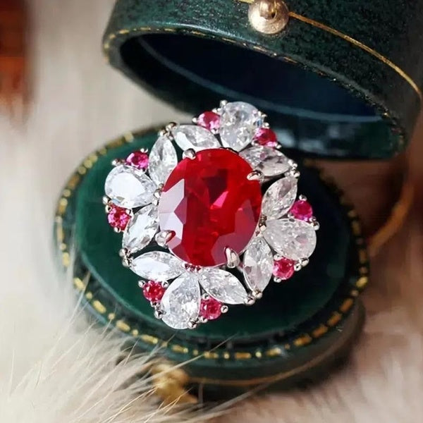 Bridal Wedding Gemstone Rings 925 Sterling Silver Ruby Side Stone Diamond Flower Rings for Women Fashion Accessories Matron Inn