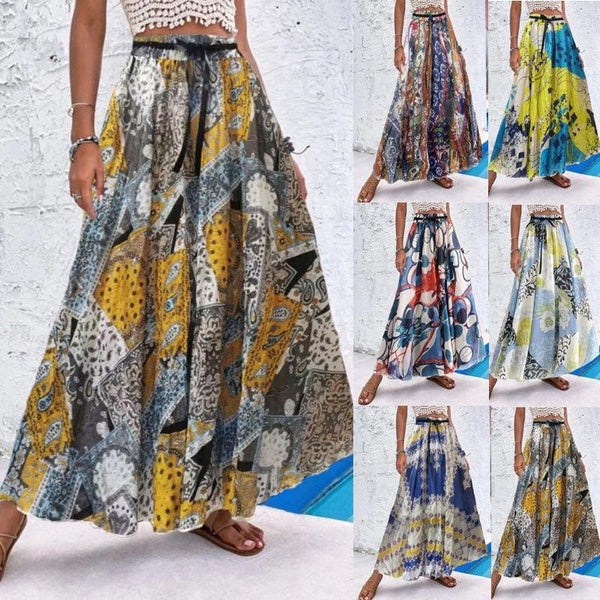 New Floral Print High Waist Skirts, Boho Beach Summer Pleated Maxi Skirts, Women's Clothing