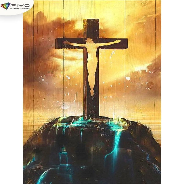 FIYO Jesus and The Cross DIY 5D Diamond Painting Full Drill with Number Kits Home and Kitchen Fashion Mosaic Diamond Painting Canvas Wall Decoration