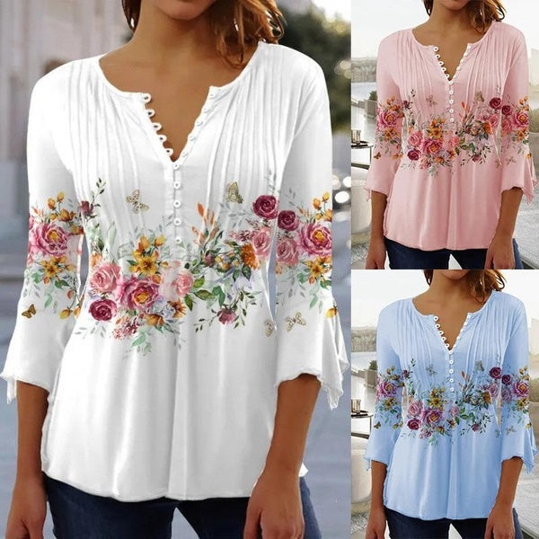 Women's Fashion Floral Printed Shirts V-neck Loose Long Sleeve Casual Blouses Comfortable Tops Plus Size S-5XL