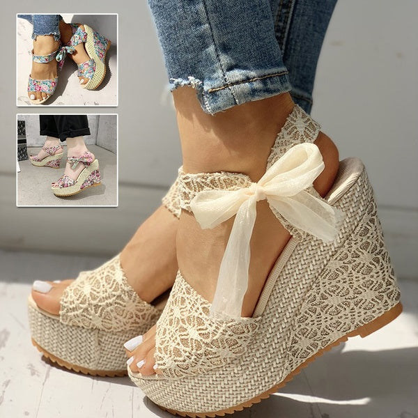 Dentelle Loisirs Femmes Compensées À Talons Femmes Chaussures D'été Sandales Parti Plate-Forme Talons Hauts Chaussures Femme Taille UE 35-40